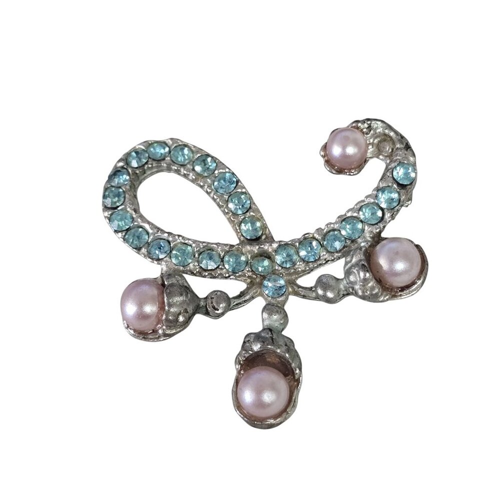 Vintage Silver Tone Aquamarine Blue Rhinestone & Faux Pearl Brooch Pin - Picture 5 of 10